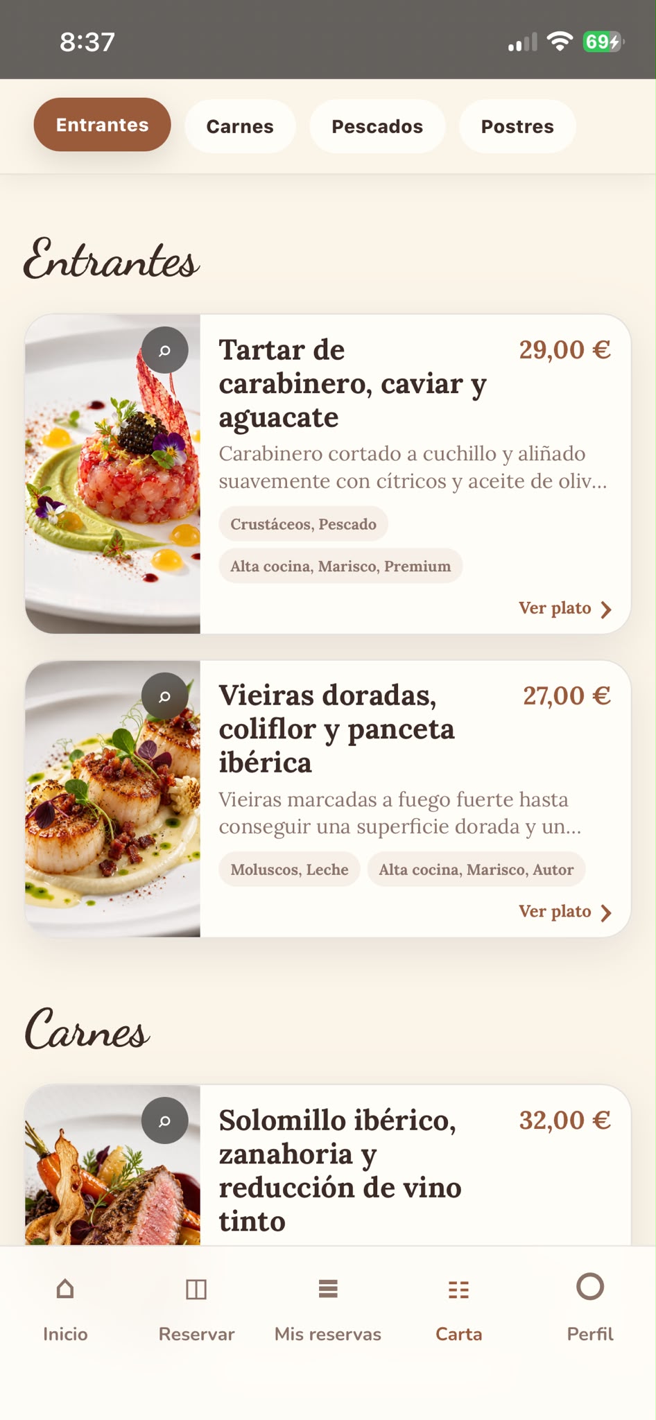 Carta digital en App Clientes
