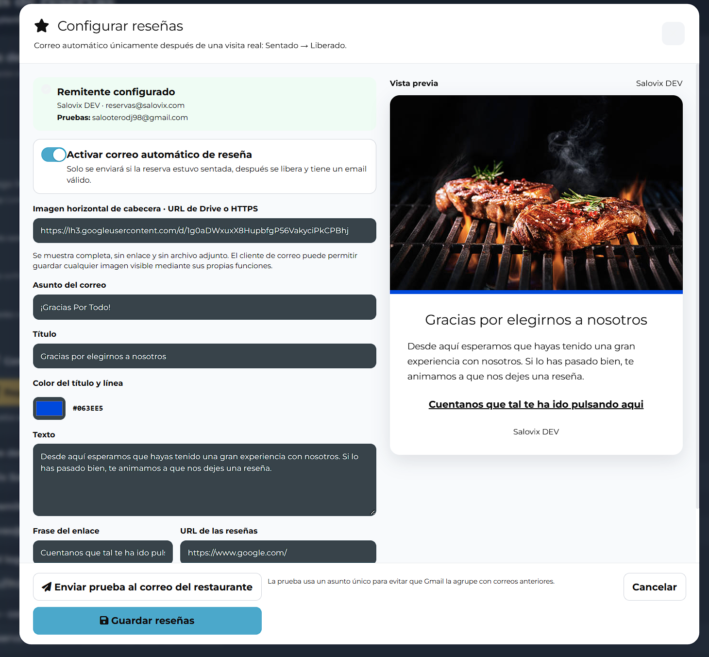 Configuración de reseñas automáticas