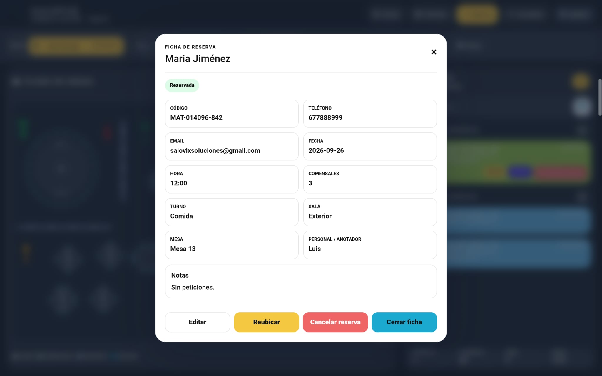Detalle de reserva en Tablet maître