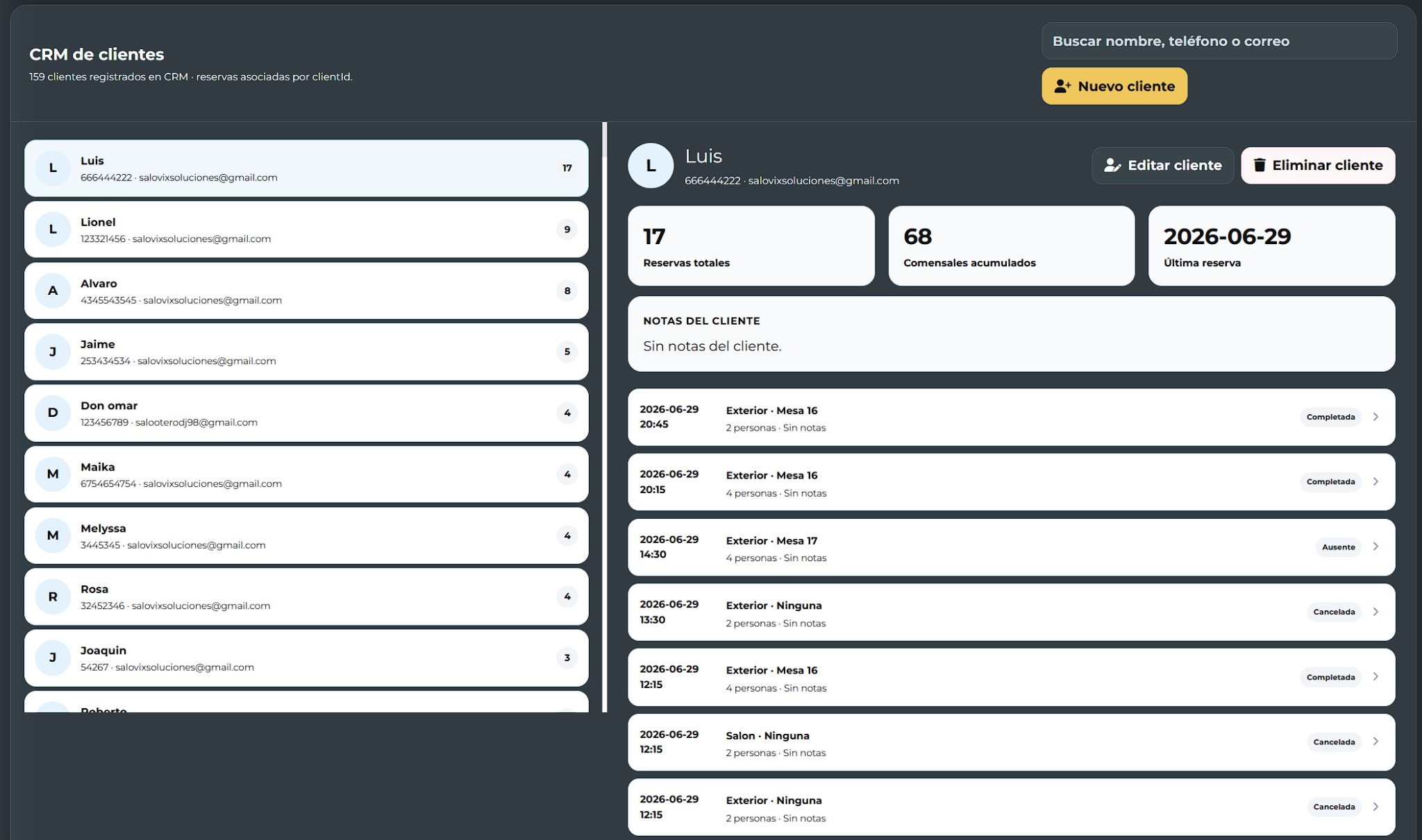 CRM de clientes en Web Admin