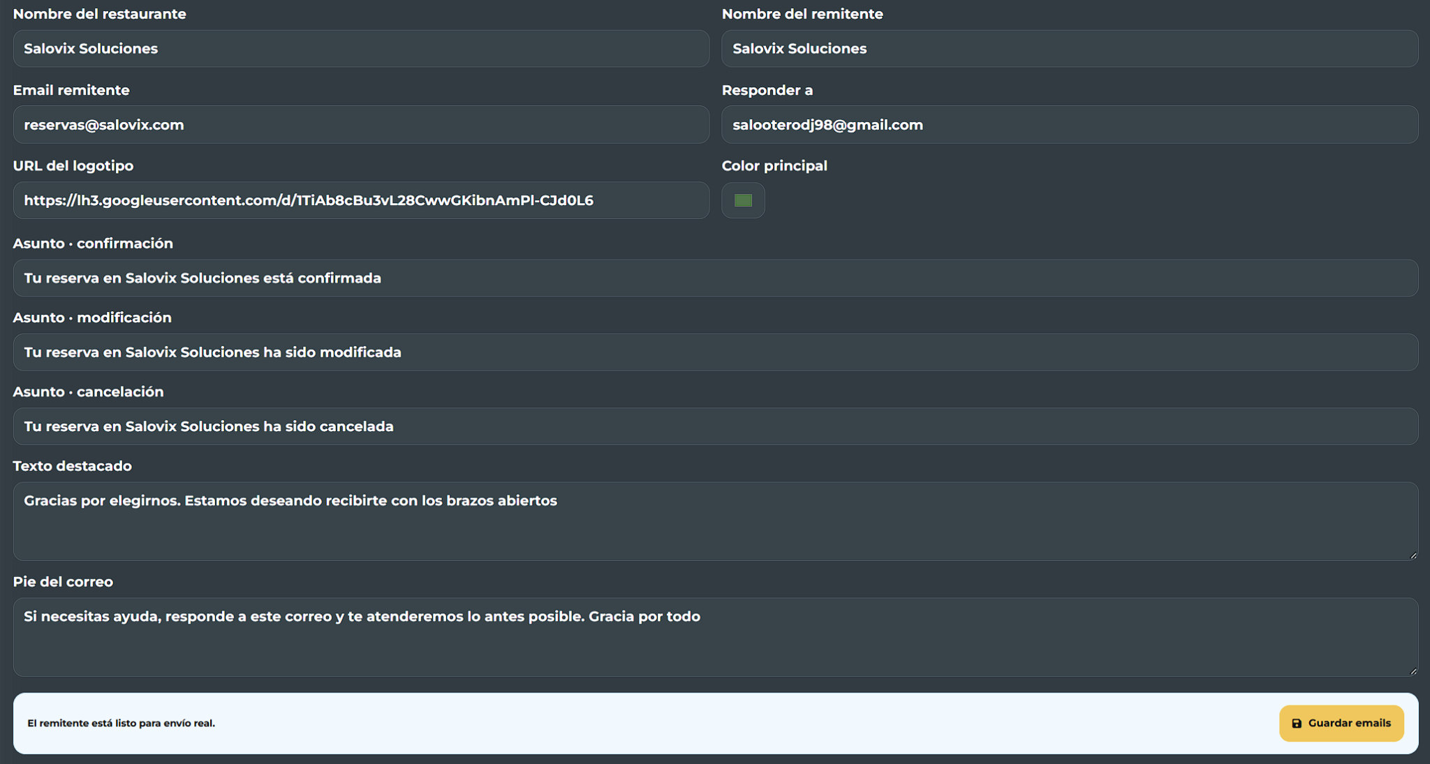 Configuración de emails de reserva