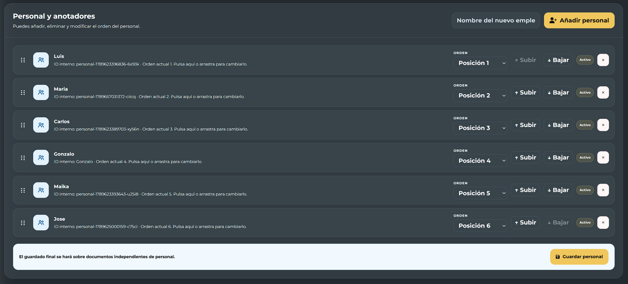 Personal y anotadores en Web Admin